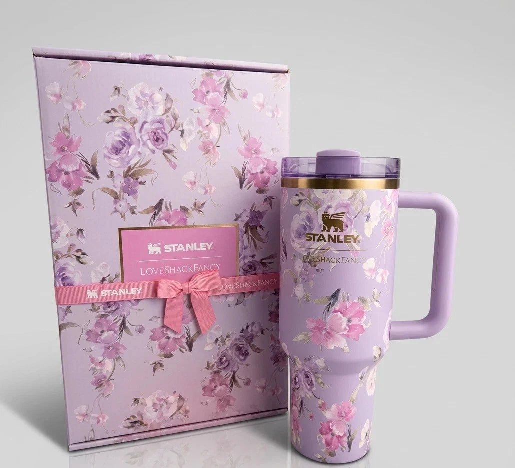 Stanley x LoveShackFancy Quencher 40oz Tumbler – Happy Thoughts Rosa Beaux Purple Limited Edition Floral Cup