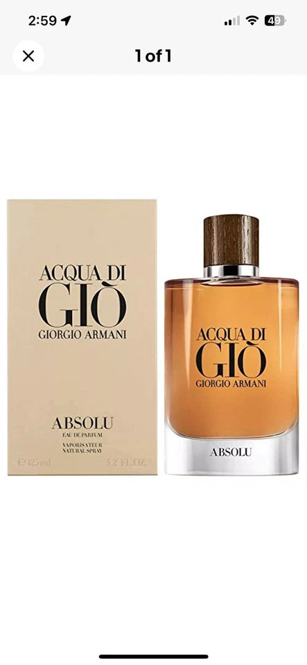 Acqua Di Gio Absolu by Giorgio Armani Eau de Parfum for Men 4.2 oz (125ml) New in Box