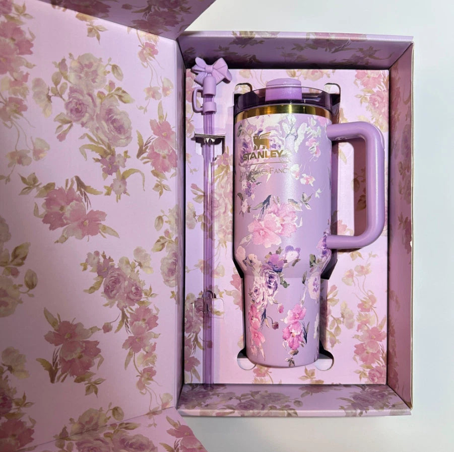 Stanley x LoveShackFancy Quencher 40oz Tumbler – Happy Thoughts Rosa Beaux Purple Limited Edition Floral Cup